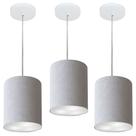Kit/3 Lustre Pendente Cilíndrico Md-4012 Cúpula em Tecido 18x25cm Rustico Cinza - Bivolt
