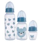 Kit 3 Mamadeiras Urso Azul Anticólica Bico Silicone Macio Antivazamento 40ml 150ml 250ml