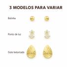 Kit 3 Pares de Brincos Femininos Dourados com Bolinha, Ponto de Luz Gota e Gota Texturizada Kit 3 Pares de Brincos Femininos Dourados com Bolinha, Ponto de Luz Gota e Gota Texturizada