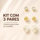 Kit 3 Pares de Brincos Femininos Dourados com Pérola, Ponto de Luz e Bolinha Kit 3 Pares de Brincos Femininos Dourados com Pérola, Ponto de Luz e Bolinha
