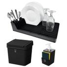 Kit 3 Pç Dispenser Sabonete Líquido + Escorredor de Louça + Lixeira 2,5 Litros Com Tampa Cozinha Preto - Pop Crippa
