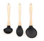 Kit 3 Pçs Concha Escumadeira Colher Silicone Cabo Madeira - Art House