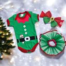 Kit 3 pçs Elfo Natalino Mesversário roupinha de bebê Menina Verde Acessórios