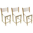 Kit 3 Peças Banqueta Média para Bancada Empilhável cor Dourado Fosco assento branco Altura 65cm