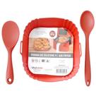 Kit 3 Peças Forro para Air Fryer Quadrada 21cm ,Colher de 22,5 cm e Colher de 27cm em Silicone Vermelho - UnyHome