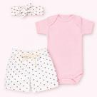 Kit 3 Peças Look Completo Bebê Menina Shorts Body e Faixa
