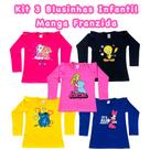 kit 3 peças Manga Longa Infantil Meninas 100% Algodão do 4 Ao 12 Anos