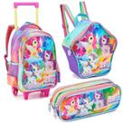 Kit 3 Peças Mochila de Rodinhas + Lancheira Térmica + Estojo Porta Lápis Giz Menina Criança Caneta Material Escolar Aulas Estudo