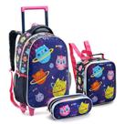 Kit 3 Peças Mochila Rodinha Galaxy Azul Com Estojo Lancheira Feminina