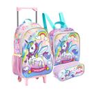 Kit 3 Peças Mochila Rodinha Unicórnio Com Estojo Lancheira Feminina