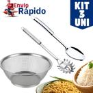 Kit 3 Peças Pegador de Massas, Colher de Arroz Cesto Inox 28cm Escorredor para Macarrão, Massas e Leguminosas