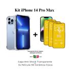 Kit 3 Películas Cerâmica Fosca + Capa Capinha Transparente para Iphone 14 Pro Max