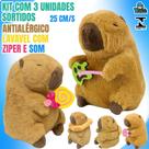 Kit 3 Pelúcias Capivara 25cm Sortidas Antialérgicas Laváveis com Zíper e Som