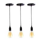 Kit 3 Pendente Lustre Retrô Fio Simples Soquete Liso E-27 Preto