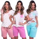 KIT 3 Pijama Estampado Hadassa WLS Modas Roupa Para Verão Short Manga Curta Baby Doll Linha Noite