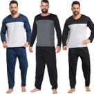 KIT 3 Pijama Masculino Bicolor Inverno WLS Modas Calça Comprida Blusa Manga Longa Roupa De Dormir