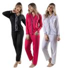 Kit 3 Pijamas Blogueira Longo Aberto Botões Amamentação
