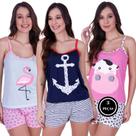 Kit 3 Pijamas Curto Estampado Feminino - KIT 3 BICHINHO CURTO FLAMINGO ÂNCORA VAQUINHA