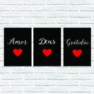 Kit 3 Placas Decorativas Sala - Amor, Deus, Gratidão - 28x20 cm