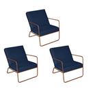 KIT 3 Poltrona para Descanso Iza Base de Ferro Bronze Jardim Varanda material sintético Azul Marinho - Móveis Mafer