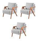 Kit 3 Poltronas Decorativa Base em Madeira Mona Linho Bege - Kimi Décor Kit 3 Poltronas Decorativa Base em Madeira Mona Linho Bege - Kimi Décor