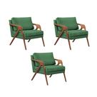Kit 3 Poltronas Decorativas Mona Luxo Linho Verde Base Madeira Maciça