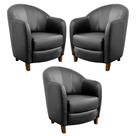 Kit 3 Poltronas Decorativas Sala de Estar Pés Madeira Kairós Couro Preto - Gran Belo