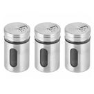 Kit 3 Porta Temperos Inox e Vidro com Visor e Tampa Dosadora Giratória