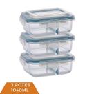 kit 3 Pote Hermético de vidro 1040ml Com Divisoria Mantimento