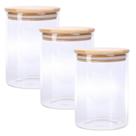 Kit 3 Pote Mantimento Vidro Borossililcato Hermético Tampa Bambu Tempero 600ml