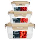 Kit 3 Potes Com Tampa e 4 Travas 450ml, 900ml, 1,65L Quadrado Camurça