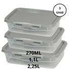 Kit 3 Potes Com Tampa e Trava Baixo 270ML, 1,1L e 2,25L Cinza
