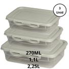 Kit 3 Potes Com Tampa e Trava Baixo 270ML, 1,1L e 2,25L Off White