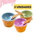 Kit 3 Potes de Sobremesas Casquinha de Sorvete Tigelas Com 3 Colheres Coloridas Diversão Para Se Refrescar