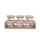 Kit 3 potes de tempero 300ml de vidro com tampa, colher e suporte de bambu - oikos