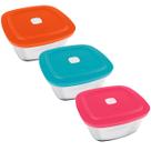 Kit 3 Potes De Vidro 2L Marinex Facilita Tigelas Quadradas Com Tampas Plásticas Cores Sortidas