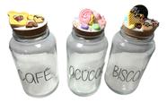 - Kit 3 Potes De Vidro 810ml - Tampa Rolha Decorado C/ Biscuit