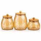 Kit 3 Potes de Vidro Âmbar Herméticos com Tampa de Bambu Porta Mantimentos Café Açúcar Biscoitos e Grãos Kit 3 Potes de Vidro Âmbar Herméticos com Tampa de Bambu Porta Mantimentos Café Açúcar Biscoitos e Grãos
