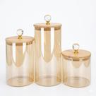 Kit 3 Potes de Vidro Âmbar Liso com Tampa de Bambu Hermético Porta Mantimentos para Cozinha