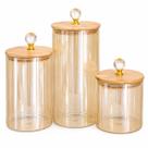 Kit 3 Potes de Vidro Hermético Âmbar com Tampa de Bambu Bolinha Porta Mantimentos e Temperos Cozinha