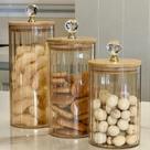Kit 3 Potes de Vidro Tampa de Bambu Hermético Porta Mantimentos Canelado Âmbar com Cristal Luxo Cozinha Decoração Porta Mantimento Vidro