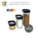 Kit 3 Potes Herméticos p/ Mantimentos Helsim 150ml 350ml e 500ml - Tampa Preta