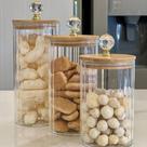 Kit 3 Potes Herméticos Porta Mantimento Vidro Canelado Tampa de Bambu Porta Temperos Potes Organizadores Cozinha