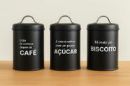 Kit 3 potes lata de mantimentos + bandeja industrial preto - linha dom frases