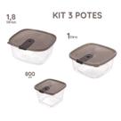 Kit 3 Potes Trio Quadrado 1,8L / 1L / 800ml Tampa com Trava Congelamento e Armazenamento Alimentos