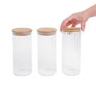 Kit 3 potes vidro canelado com tampa de bambu 1100ml - Oikos