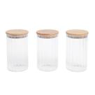 Kit 3 potes vidro canelado com tampa de bambu 800ml - Oikos
