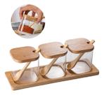 Kit 3 Potes Vidro para Condimentos com Colheres e Suporte Bambu Organização de Temperos