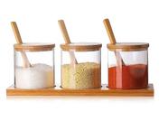 Kit 3 Potes Vidro Tampa Suporte E Colher Bambu Condimentos Kit 3 Potes Vidro Tampa Suporte E Colher Bambu Condimentos