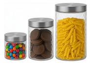Kit 3 Potes Vidro Transparente com Tampa Inox Organizador de Mantimentos Cozinha